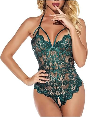 GIVTULIP Women Sexy Lace Lingerie Bodysuit One Piece Teddy Underwear Halter Leotard Transparent Deep V Sleepwear Backless Negligee for Ladies Hollow Out Babydoll Naughty Mesh Jumpsuit Cutout Nightwear