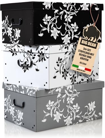 BigDean 3 Große Aufbewarhungsbox mit Deckel aus stabiler Pappe 45 Liter