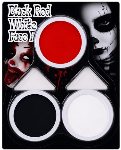 Kit de peinture pour visage et corps noir + blanc + rouge pour Halloween, squelette, tête de mort, clown, vampire