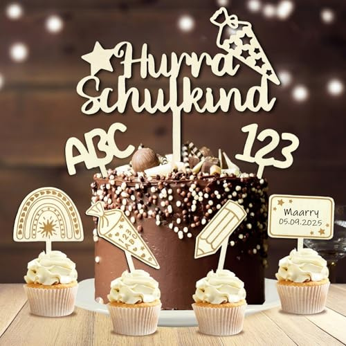 Einschulung Tortendeko, 6 STK Cake Topper Hurra Schulkind Holz Kuchendeko Schulanfang, Zuckertüte ABC 123 Kuchen Deko, Schulkind 2025 Einschulung Junge Mädchen Geschenk, Einschulungsgeschenk