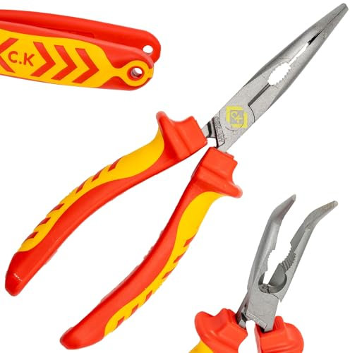 C.K Redline 2025 Edition VDE Bent Nose Plier & Cutter 200mm, 1000v Insulated Electrical Bent Nose Pliers & Wire Cable Cutters, Electricians Engineer Croppers Snips Electrician, CK Tools T39070A 200