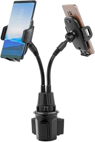 FLAIDO Double Phone Holder for Car Cup Holder – Extra Long and Flexible Neck, 360° Rotatable Cradle Car Phone Mount - Adjustable Cell Cup Holder, Universal Size Fits 2 iPhone, Samsung