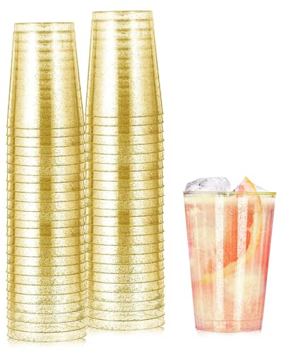 Yuedefly 50 pcs Glittered Gold Hard Plastic Party Cups,Premium Gold Party Cups Reusable Tumblers for Drinks, Cocktail, Dessert, Wine, Champagne, Wedding, Birthdays, Parties