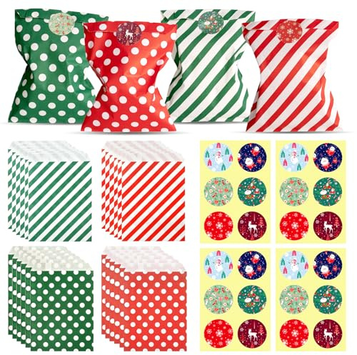 24 Stück Bunt Papiertüten Geschenktüten mit 24 Aufkleber, Butterbrottüten Klein für Geburtstagsfeiern, Weihnachten, Neujahrsparty, Hochzeit, Firmenfeier (Rot & Grün mit 6 Stickermuster)