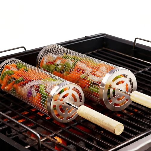 Rolling Grill Basket 2-Pack, Premium 304 Stainless Steel, Removable Wooden Handles, Upgrade Rolling Grill Baskets for Outdoor Grill, BBQ Grill Accessories for Outdoor Grill, Outdoor Gifts for men