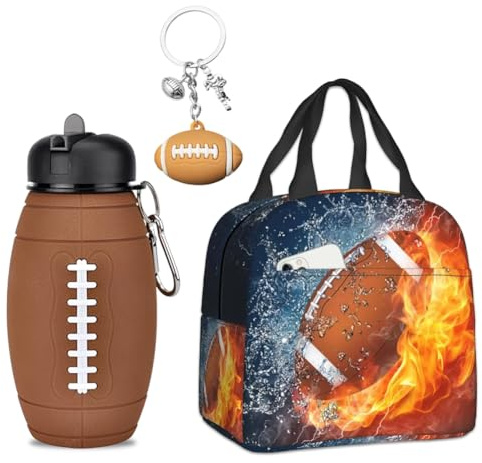 OPVXZAD Bolsa Lonchera Fútbol americano, Lonchera Térmica, Fútbol americano Botella de Agua - 600ml, Llavero, Bolsa Termica Porta Alimentos, para Niños Colegio, Playa, Camping, Viaje, Trabajo, Picnic