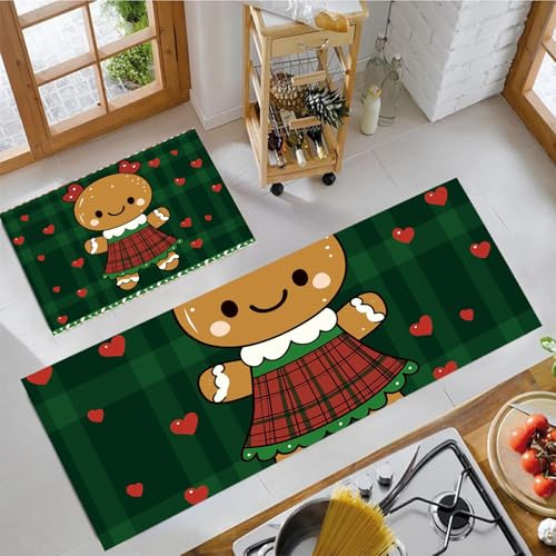MLSOWM Küchenteppich 2 Stück Rutschfester Küchenläufer Weihnachts-Lebkuchenmann Flur Läuferset Retro-Karo Waschbare Küchenmatten-Sets für Küchenflur, Eingangsbereich und Esszimmer, Dunkelgrün,