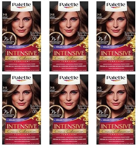 6x Palette Intensiv Creme Coloration 7-11 Kühles Dunkelblond permanente Haarfarbe für leuchtende langanhaltende Farbbrillanz Für bis 8 Wochen intensiven Farbglanz,115ml (6er Pack)