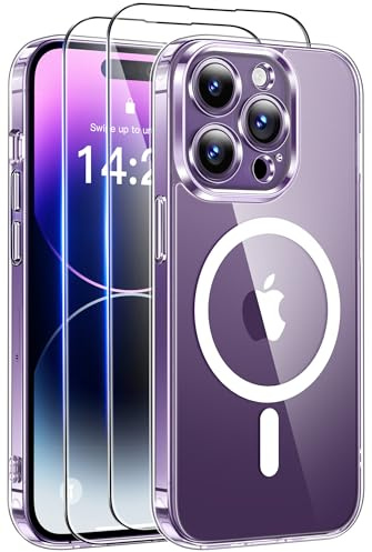 Qasyfanc Clara Magnética Funda para iPhone 14 Pro Compatible con MagSafe con 2 Protector Pantalla, Protección De Cámara Protectora Anti-Amarillo TPU Bumper Carcasa iPhone 14 Pro,Transparent
