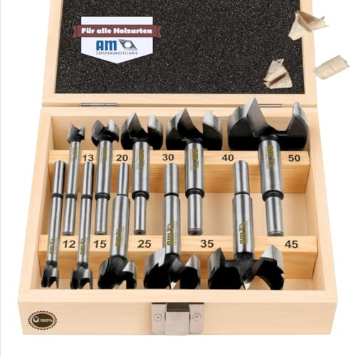 AM-Zerspanungstechnik Juego de brocas Forstner Ø12 – 50 mm | Juego de brocas profesionales para madera de 10 piezas | Broca para madera | Broca para agujero de astilla | Broca plana