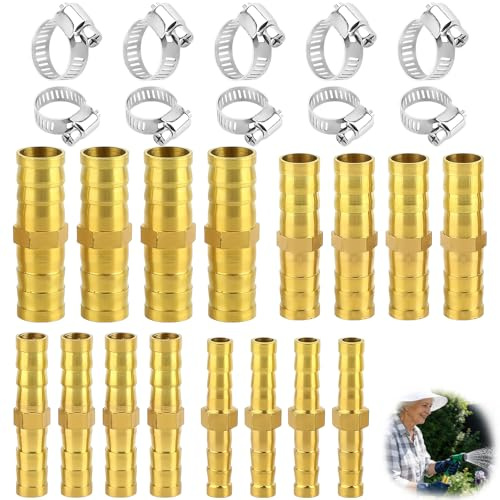 16 Stück Messing Schlauchverbinder Set, Schlauchverbinder Set 16 Schlauchverbindern 10 Hose Clamps, Schlauch Verbindungsstück für Wasserleitung Luftleitung Ölleitung(6 mm/8 mm/10 mm/12 mm)