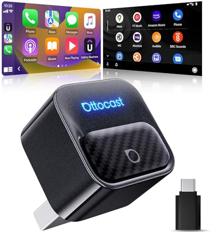 Ottocast Mini Core 2026 Adaptador CarPlay Inalámbrico y Android Auto, Plug & Play, Cambio de móvil con un botón, WiFi 6 + BT 5.4, Reconexión automática, para iPhone 6+ (iOS 10+) y Android 11+