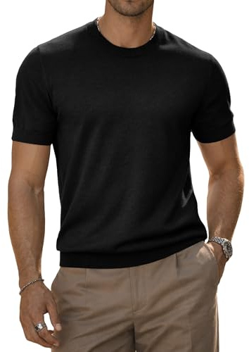 JMIERR Mens Summer Wool Blend Crewneck Knit Shirts Sweater Lightweight Casual Short Sleeve Pullover for Dress Work Shirts Black
