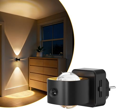 LOHAS-LED Nachtlicht Steckdose mit Bewegungsmelder und Dämmerungssensor | 180° Drehbarem Stecker, Projektor Nachtlicht Einstellbarer Helligkeit 0–150 lm, Warmweiß, Steckdosenlicht für Flur, Treppe
