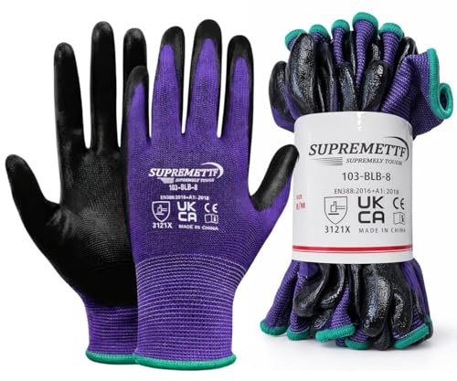 Supreme TTF 103BLB 13 Gauge Purple Nylon Nitrile Coated Superior Grip Industrial Work Gloves – EN388 3121X CE Certified - For Automotive, Mechanics, Builders, Gardening - Pack of 6 Pairs (XL / 10)
