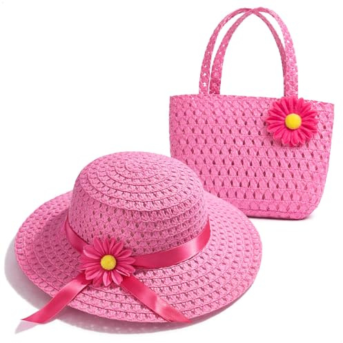 com-four® sommarhatt flicka med väska, halmhatt set med blomma | solhatt för strand - semester och fritid - lätt modell med matchande tillbehör