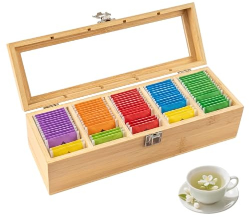 EVERGOODS Bamboo Tea Box Tea Storage – 5 or 12 Compartments, Tea Bag Organizer, Spice & Coffee Storage Chest, Multipurpose Wooden Storage Box for Kitchen or Jewellery (5 Squares)
