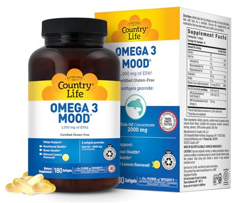Country Life Omega 3 Fish Oil Supplement - High Concentration EPA and DHA Omega 3 Fatty Acids - 2000mg Fish Oil for Emotional Health, Mood Support, and No Fish Taste - Natural Lemon Flavor