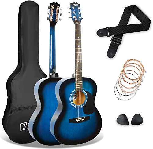 3rd Avenue Pacchetto con chitarra acustica 3rd Avenue di dimensioni standard 4/4 livello beginner, corde in acciaio, custodia da trasporto, plettri e corde di riserva – Blu
