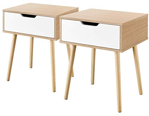 Yaheetech 2pcs Mesitas de Noche con Cajón 48,5x41x57,5cm Mesillas de Noche Pata de Madera Pino para Dormitorio Mesas Auxiliares de Estilo Nordicos para Sala de Estar