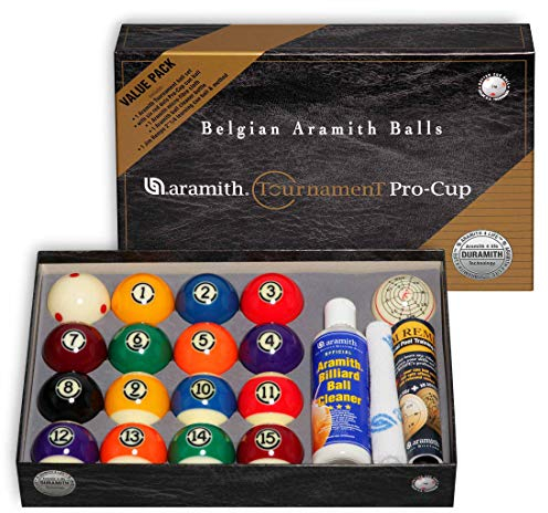 Aramith Tournament Value Pack Billiard Pool Set 2 1/4 With Six Red Dots Pro-Cup Cue Ball, Micro-Fibre Cloth, Cleaner, Jim Rempe Training Ball