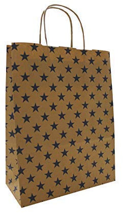 PGV Papiertaschen Papiertüten braun mit Kordel - Sterne BLAU - Verschiedene Größen und Mengen (25 Stück, 22 + 10 x 28 cm)