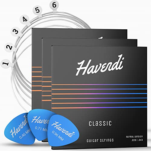 HAVENDI® - Corde per chitarra da concerto in nylon, per chitarra classica rivestita in argento (set da 6 corde, con 3 plettri