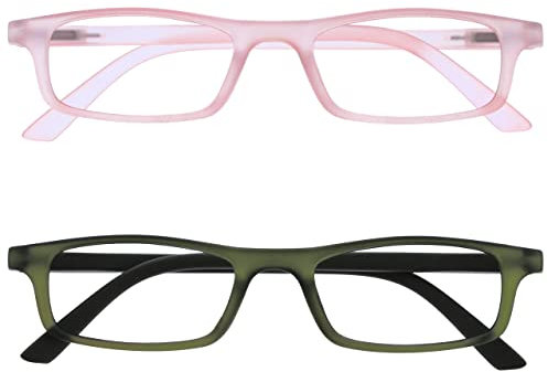 OPULIZE Ted Lesebrille 2er Pack Schmal Matt Leichtes Gestell Transparent Baby Rosa Khaki Federscharniere Kratzfest Herren Damen RR17-46 +2.00