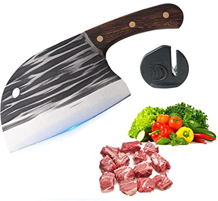 BARASH Cuchillo de Corte Pesado de Hueso de dragón con afilador de Cuchillos Cuchillo de Corte de Hueso de Acero de Alto Carbono con Mango de Madera Antideslizante, Cortador de Carnicero Profesional