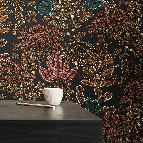A.S. Création Livingwalls Blumentapete Schwarz Bunt Petrol Orange Rot Famous Garden 393495 - Vliestapete - 10,05 m x 0,53 m - Made in Germany