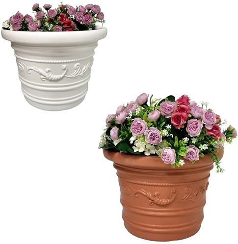PINTO FERRAMENTA Vaso per Piante Tondo in Resina da Esterno Interno Grandi Dimensioni Decorativo Festonato Prestige per Giardino Balcone Terrazzo Colore Bianco o Terracotta (Ø70xH55, TERRACOTTA)