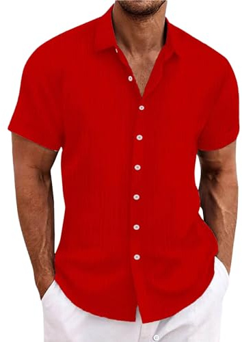 Chemise en Lin Pour Homme avec Manches Courtes - Col Montant - Coupe Droite - Décontractée - Style Rayé - Loisirs d'Été