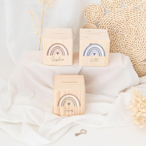 wunderwunsch® - Personalisierte Spardose Kinder aus Holz mit Metallschloss - Spardose mit Namen mit kinderfreundlichem UV-Druck zum Sparen für Kinderträume (rosa)