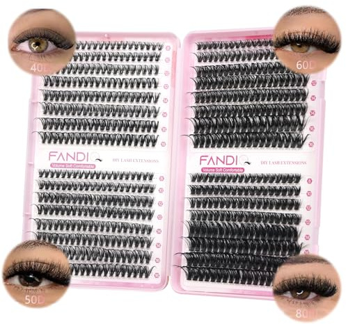 FANDIQ Cluster Lashes Fluffy Individual Eyelashes 624pcs D Curl Individual Cluster Eyelashes 40D+50D+60D+80D Thick Volume Eyelash Clusters Natural Look Russian Lash Extensions for DIY at Home(C02)