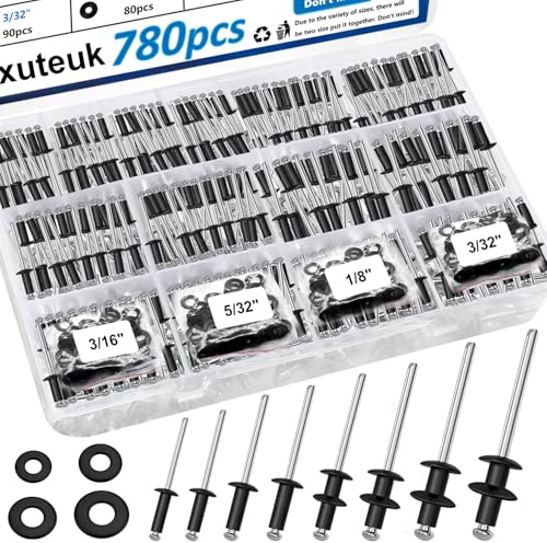 mxuteuk 780 Stück Schwarz Pop Nieten mit Unterlegscheibe Sortiment Kit 14-Größen SAE Aluminium Nieten (3/32 Zoll1/8 Zoll5/32 Zoll3/16 Zoll1/4 Zoll) Assorted Blindnieten für Metall, Möbel, Automotive