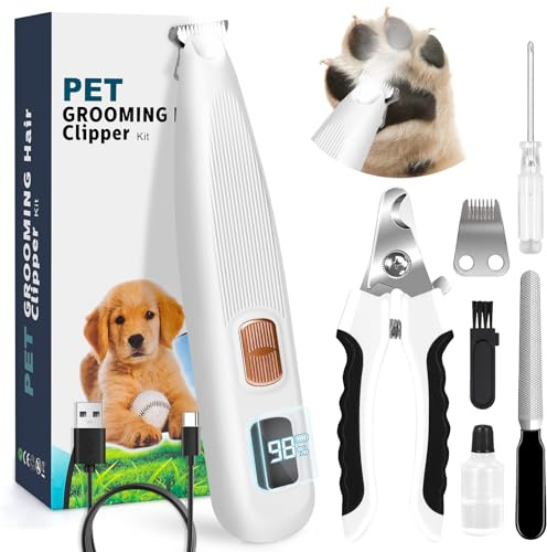 Dog Paw Trimmer with LED Light, Paw Trimmer for Dogs 0.8inch/20mm Wide Blade, Pet Hair Grooming Kit with Dog Nail Clipper, Cordless Electric Pet Paw Grooming Clippers for Paws, Ears, Face, Rump