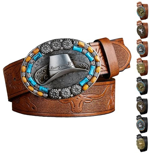 LUKIUP Cintura in Pelle Western con Fibbia da Cowboy per Uomo e Donna, Western Cintura Cowboy Uomo con Incisione Floreale Longhorn Bull Texas, con Fibbia in Pelle per Jeans, per Regalo di Compleanno
