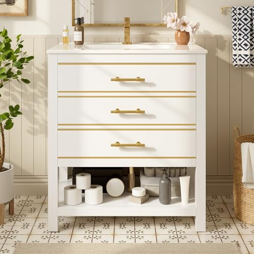 Merax Mueble de baño de pie con lavabo, lavabo, mueble de baño independiente con 2 cajones y compartimento abierto, tablero de fibra de densidad media, blanco y dorado, 66 x 46,5 x 86 cm (sin grifería