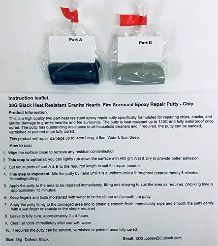 Heat Resistant Granite Hearth, Fire Surround Epoxy Repair Putty - Repairs Chips, Cracks & Broken Edges. 38g (Black)