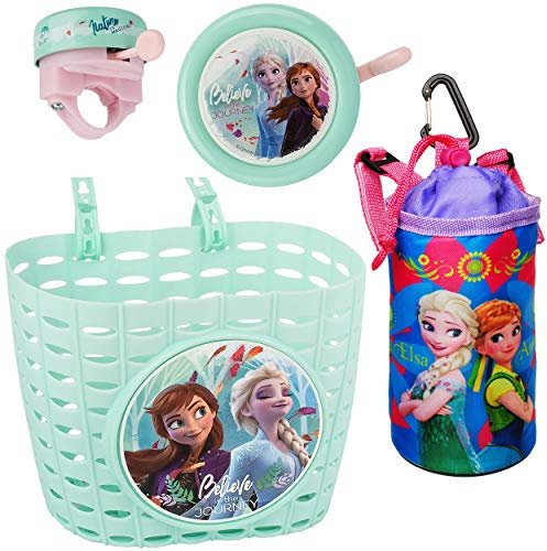 alles-meine.de GmbH 3 TLG. Set: Fahrradklingel + Fahrradkorb + Schutzhülle mit Halterung für Trinkflasche - die Eiskönigin - Frozen - UNIVERSAL Ding Dong - 2 Klang - Klingel für ..