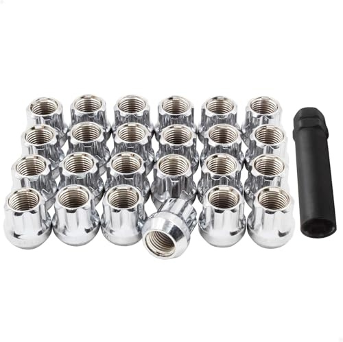 Wheel Accessories Parts 24 Pcs M14x1.5 14x1.5 Thread Open End Bulge Acorn 25mm 1.00 Long Lug Nuts Chrome 7 Spline Truck Hex Fits Chevy Silverado GMC Sierra RAM 1500 Ford F150