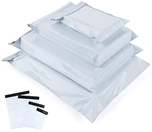 Versandbeutel Plastik Versandtaschen, 100 x Weiß Blickdicht Neues Material Plastik Poly Kunststoffbeutel Selbstklebend mit 4 Gemischt Größe Versandtüten für Kleidung