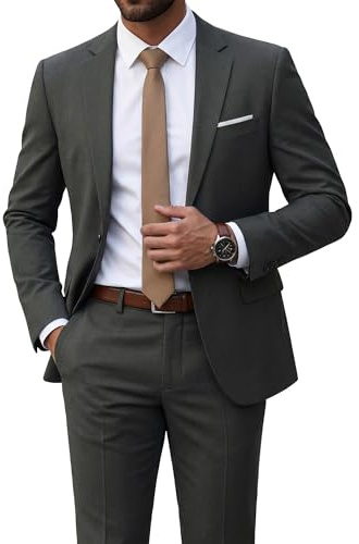 YND Men's 2 Piece Suit with Tie, One Button Slim Fit Solid Jacket and Pants Set, Suits for Men Prom Party Wedding & Business, Deep Grey