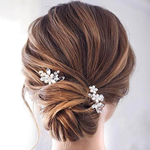 Prosy Lot de 2 épingles à cheveux en forme de fleur pour mariée - Argentées - Avec cristaux et perles - Pour femme et fille