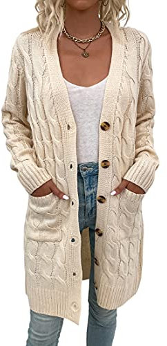 Acramy Damkappa höst vinter kofta lång grovstickad kofta stickad kappa med knappar, Beige, XL