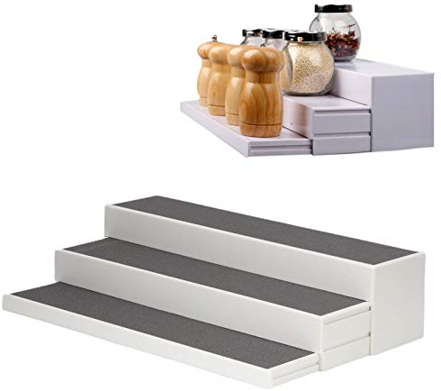 Organizador de especias, estante de especias expandible de 3 niveles, soporte para latas de condimentos de estante escalonado para uso en gabinetes de despensa de encimeras de cocina