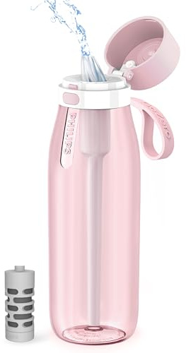 PHILIPS Filtered Water Bottle, BPA-Free Tritan Plastic Water Bottles, Replaces 450 Plastic Water Bottle with Reusable GoZero Everyday Water Filter, Portable Filtering Bottle for Travel, 36oz, Pink