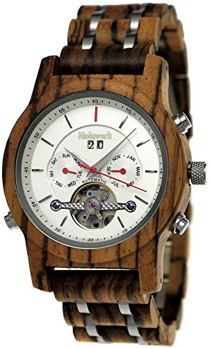 Holzwerk Germany Handgefertigte Automatik Herren Uhr Öko Natur Holz Armband Braun Schwarz Silber Weiß Analog Holzuhr Datum und Wochentag Anzeige