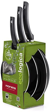 Moneta Ecologica set padelle 20+24+28 cm, per ogni piano cottura esclusa induzione. Alluminio riciclato da lattine. Made in Italy