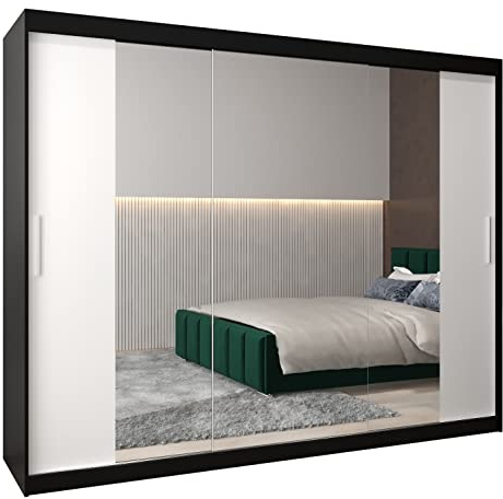MEBLE KRYSPOL Kleiderschrank mit Spiegel Tokyo 2 - Garderobenschrank - Schrank Schlafzimmer - Mehrzweckschrank DREI Schiebetüren - Regalen - Flur Möbel - Kleiderstange Schrank - Allzweckschrank